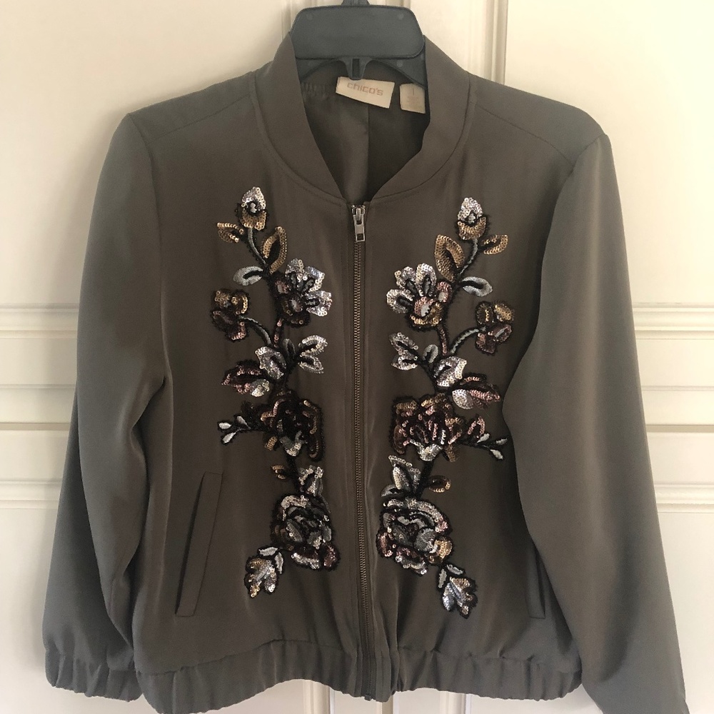 Lightweight bomber jacket.  Chico"s size 1.  Bling. Olive green.
